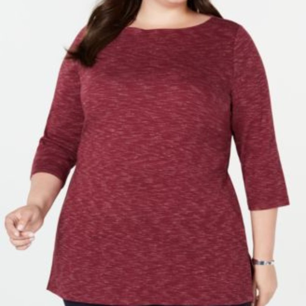 COPY - Karen Scott Navy Blue Space Dye Boatneck 3/4 Sleeve Knit Tunic Top